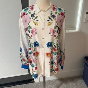 Johnny Was Cream Floral Button-Up Blouse and slacks with Blue Trim